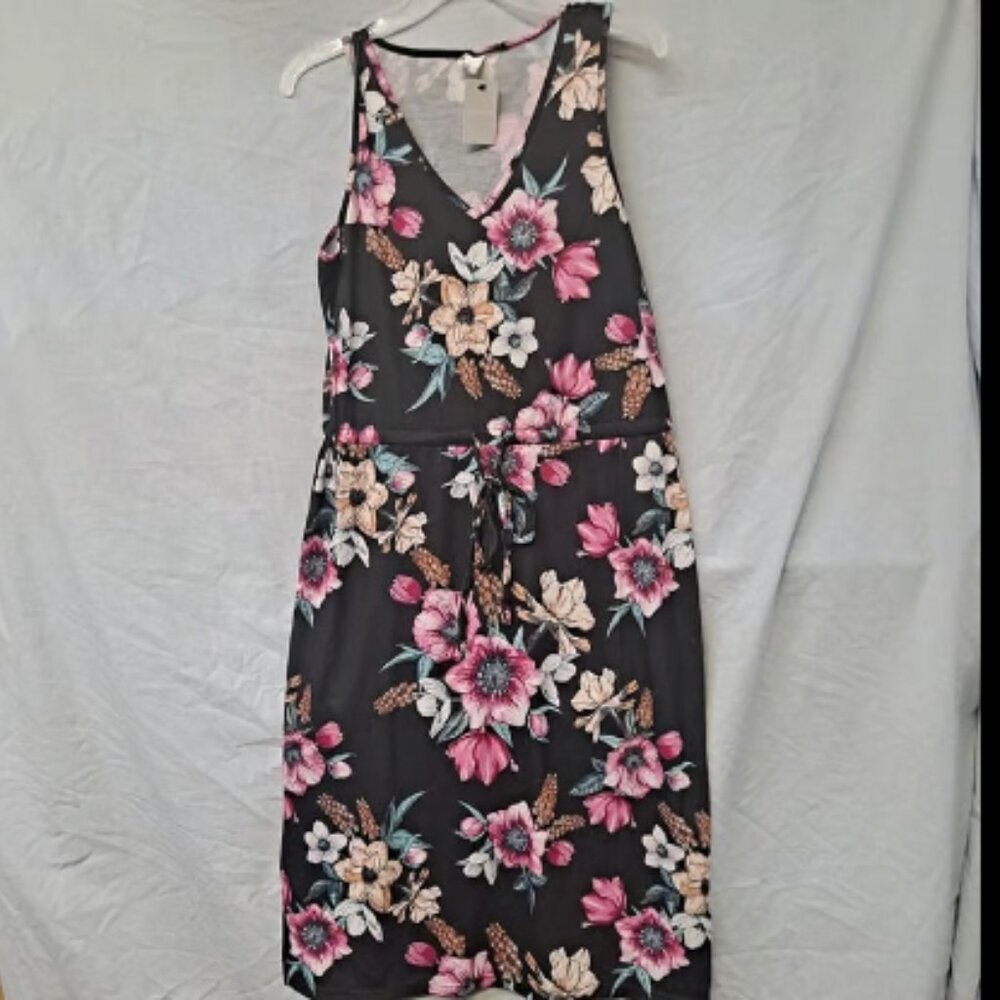 West Loop Black Multicolor Flowered Floral Women's Drawstring Dress Size